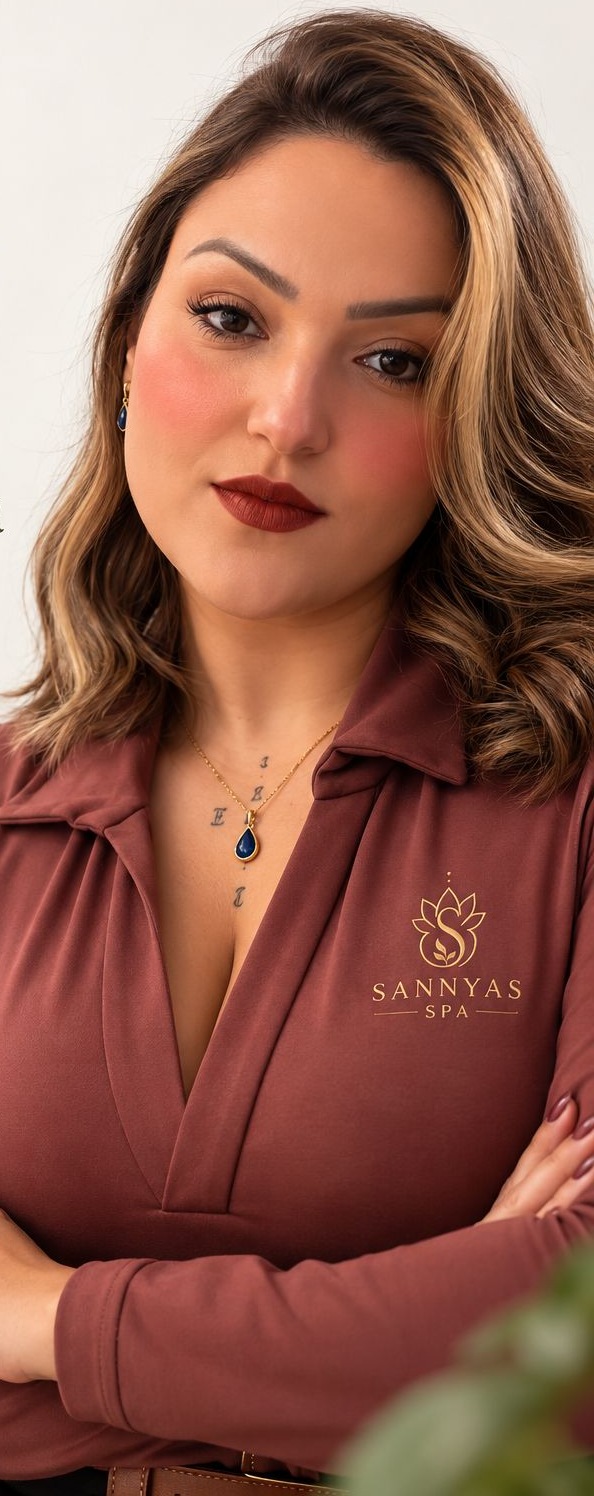 Tatianne Gavião, fundadora do Sannyas Spa, com o uniforme da marca